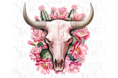 Western Floral Cow Skull PNG, Instant Download Sublimation Design Grap