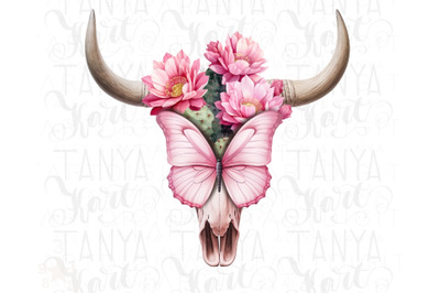 Western Floral Cow Skull PNG with Butterfly