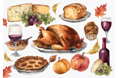 Thanksgiving Dinner watercolor clipart. Turkey, wine bottle, wine grap