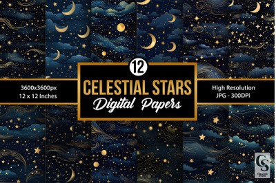 Celestial Night Stars Digital Paper Patterns