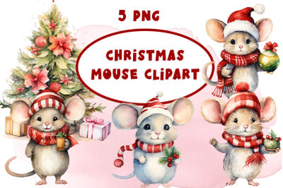 Mouse in Christmas Santa Hats | Watercolor Clipart