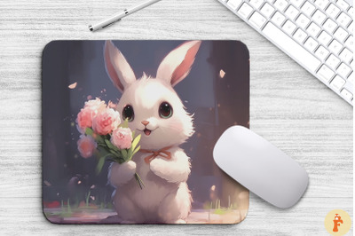 Cute Bunny Holding Flowers Mouse Pad