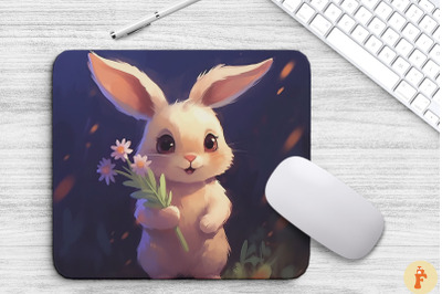 Cute Bunny Holding Flowers Mouse Pad