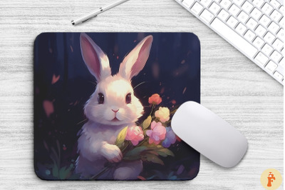 Cute Bunny Holding Flowers Mouse Pad