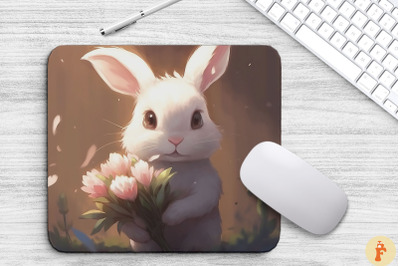 Cute Bunny Holding Flowers Mouse Pad