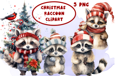 Raccoon in Christmas Santa Hats | Watercolor Clipart