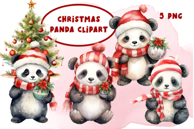 Panda in Christmas Santa Hats  Watercolor Clipart