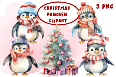 Penguin in Christmas Santa Hats Watercolor Clipart