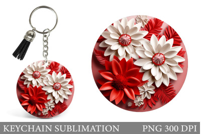 3D Flowers Round Keychain. Red Flowers Keychain Design