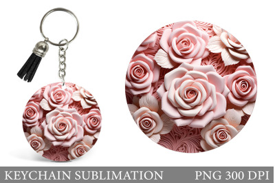 3D Rose Keychain Design. Pink Rose Round Keychain