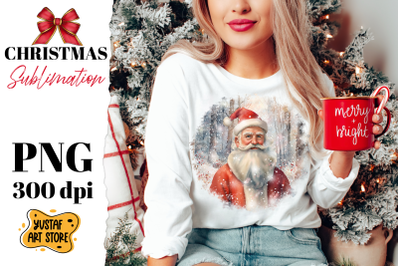 Christmas sublimation design. Santa Claus in winter forest