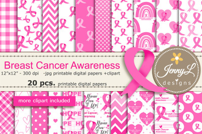 Breast Cancer Awareness Digital papers and Pink Ribbon