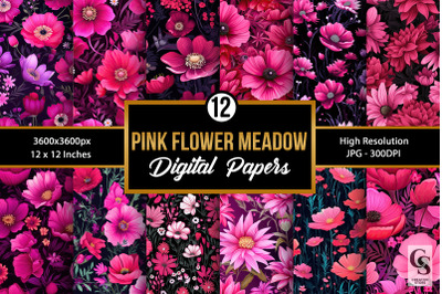 Bright Pink Meadow Floral Digital Paper Patterns