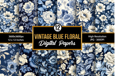 Vintage Blue Flowers Digital Paper Backgrounds