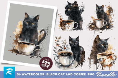 Watercolor Black Cat and Coffee Clipart Bundle