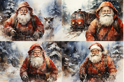 painting of santa claus in the snow with a backpack