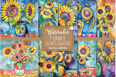 Funky Sunflowers - Watercolor Digital Papers