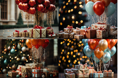 a close up of a christmas tree with presents and a balloon