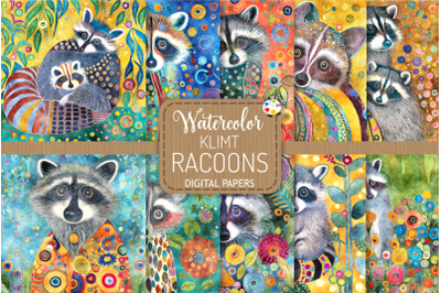 Klimt Racoons - Transparent Watercolor Illustrations