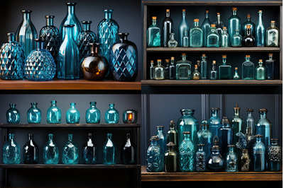 a set of blue bottles on a shelf