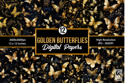 Golden Butterflies Pattern Digital Papers