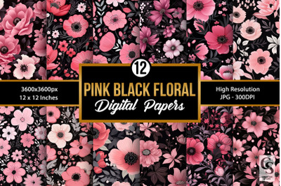 Pink and Black Floral Pattern Digital Papers