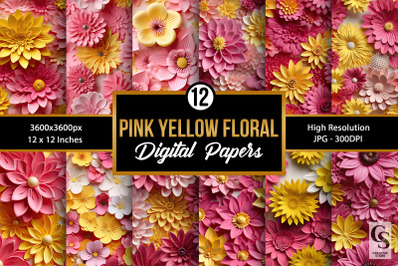 Pink &amp; Yellow 3D Flowers Pattern Digital Papers