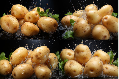 a pile of potatoes with water splashing on them
