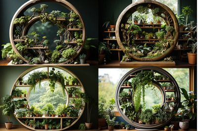 a close up of a circular wooden frame with plants in a room