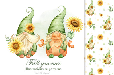 Fall Gnomes sunflowers seamless pattern Autumn season Thanksgiving Day