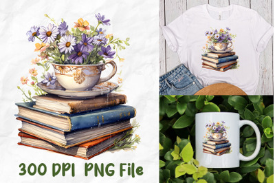 Retro Books And Tea Cup Wild Flowers