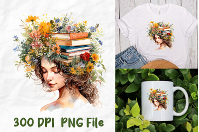 Retro Girl Head Filled With Book Flower