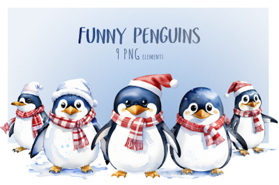 Funny Penguins Watercolor Illustrations | Png Clipart Bundle