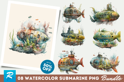 Watercolor Submarine Clipart Bundle