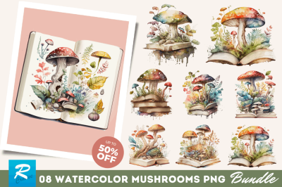 Watercolor The Book of Mushrooms Clipart Bundle