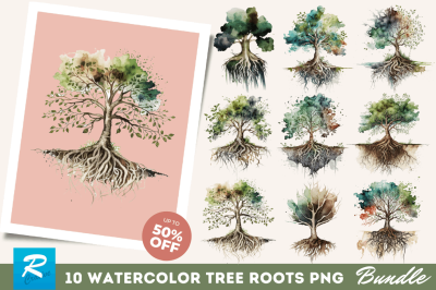 Watercolor Tree Roots Clipart Bundle