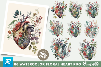 Watercolor Anatomical Floral Heart Clipart Bundle