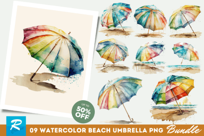 Watercolor Beach Umbrella Clipart Bundle