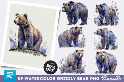 Watercolor  Grizzly Bear Clipart Bundle