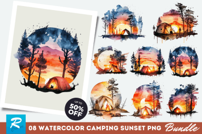 Watercolor Camping Sunset  Clipart Bundle