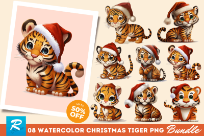 Watercolor Christmas Cute Tiger  Clipart Bundle