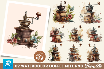 Watercolor Coffee Mill Clipart Bundle