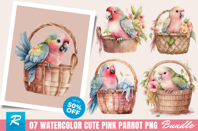 Watercolor Cute Pink Parrot in Basket Clipart Bundle