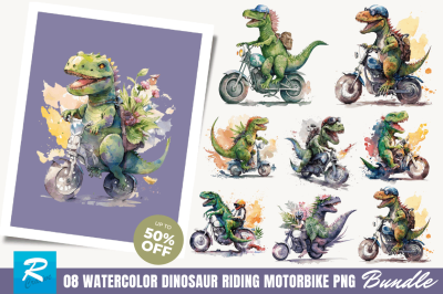 Watercolor Dinosaur Riding Motorbike Clipart Bundle