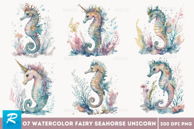 Watercolor Fairy Cute Seahorse Unicorn Clipart Bundle