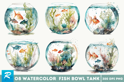 Watercolor Fish Bowl Tank Clipart Bundle