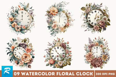 Watercolor Floral Clock Clipart Bundle