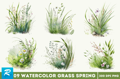 Watercolor Grass Spring Floral Clipart Bundle