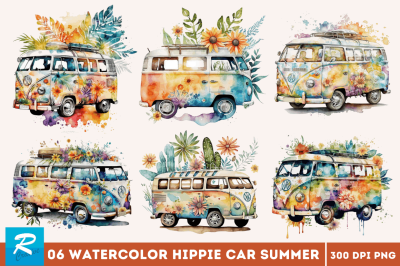 Watercolor Hippie Car for Summer Clipart Bundle