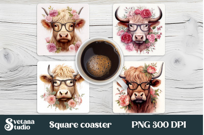 Highland cow square coaster sublimation | Cow coaster PNG